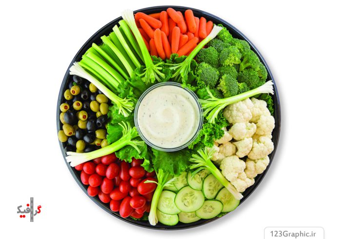 بشقاب-سبزیجات-،-خیار-،-کلم-،-کلم-بروکلی-،-هویج،-پیازچه-،-زیتون-،-و-گوجه-گلخانه-ای