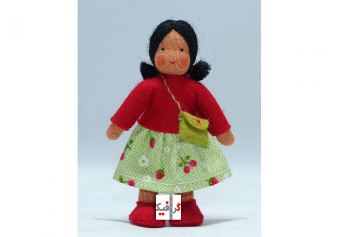 عروسک-دخترانه-نمدی-با-لباس-قرمز-،کیف-سبز-و-دامن-پارچه-ای-سبز-گل-دار