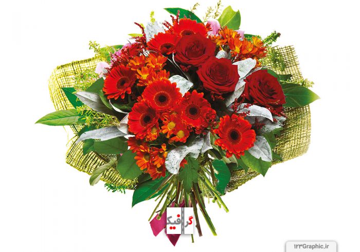یک دسته گل زیبا با گلهایی به رنگ نارنجی و قرمز