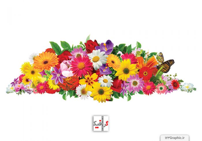 دسته گلی زیبا شامل انواع گل های رنگی و پروانه