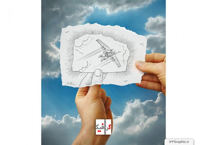 کلاژ تصویر واقعی و نقاشی آسمان و هواپیما به شیوه جذاب