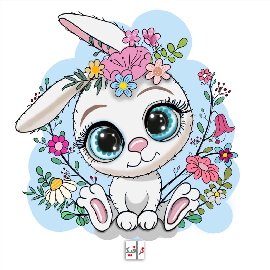 نقاشی دیجیتال خرگوش با مزه با گل