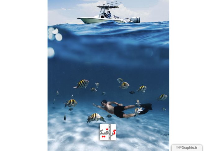 کلاژ-عکس-بسیار-زیبا-از-شنای-مرد-جوان-زیر-آب-و-قایق-موتوری-روی-آب